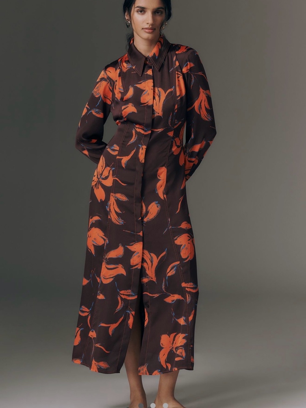 Exquisite Satin Long-sleeves Shirt Dress Brown with Orange Print